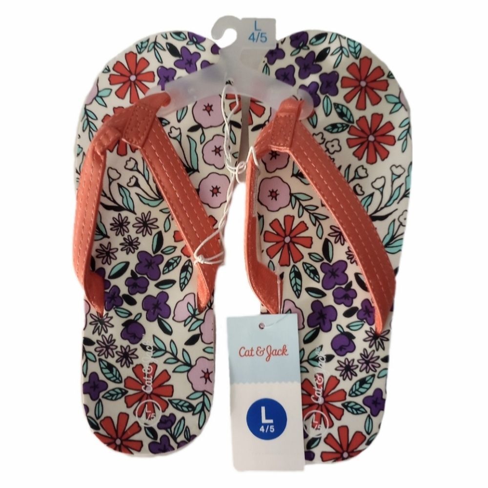 NWT Cat&Jack Floral Print Pink Flip Flops sz L 4/5 Girls Youth